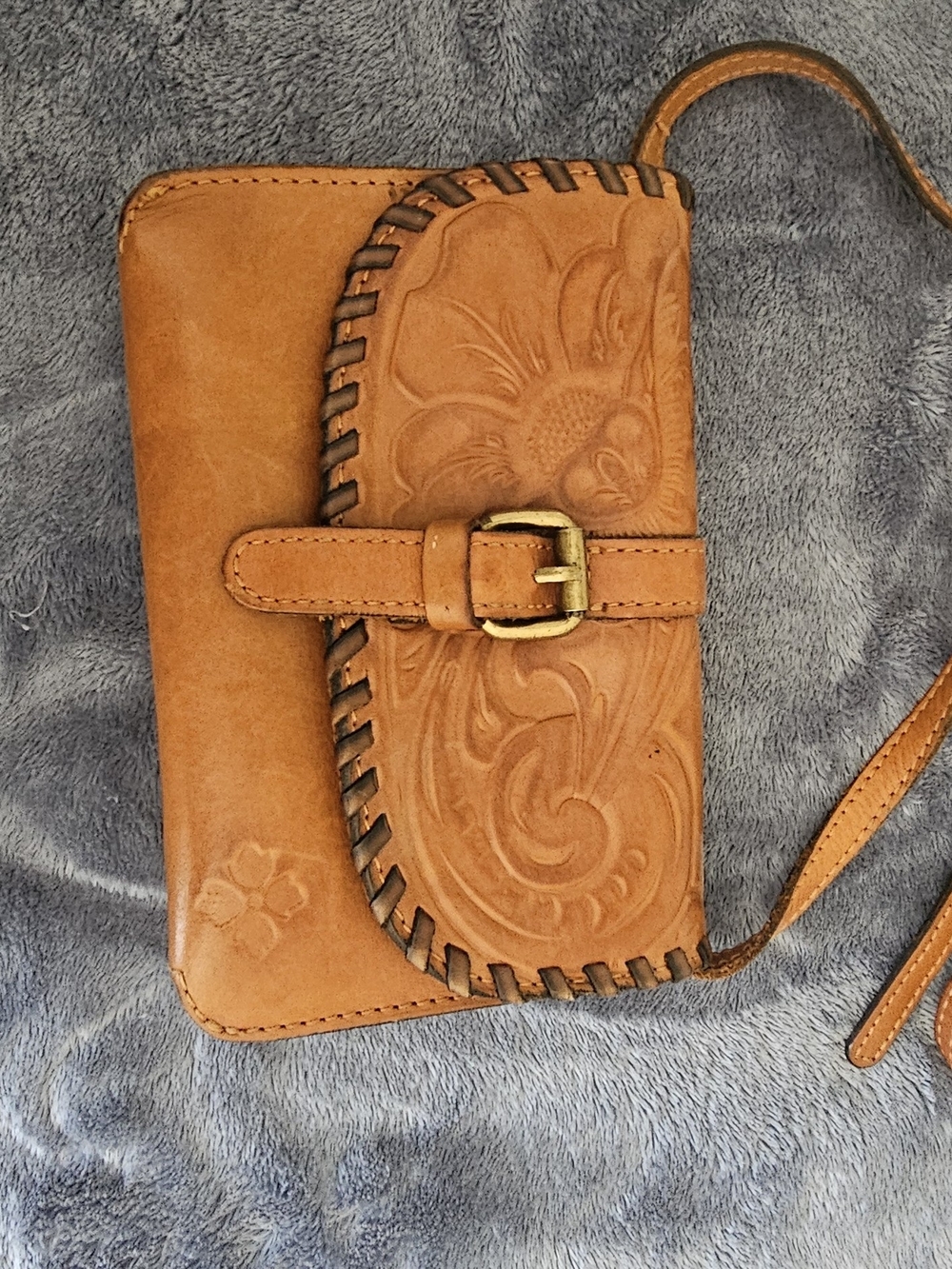 Patricia Nash Hand-Tooled Tan Leather Crossbody with Buckle